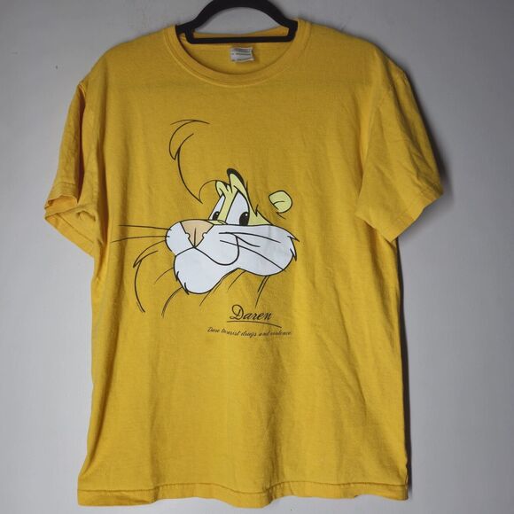 Vintage DARE Darren The Lion T-Shirt Yellow Mens Medium Face Gildan - Picture 1 of 6